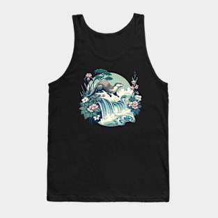 Aquatic Animal Vintage Flower Floral Falls Japanese Art Otter Tank Top